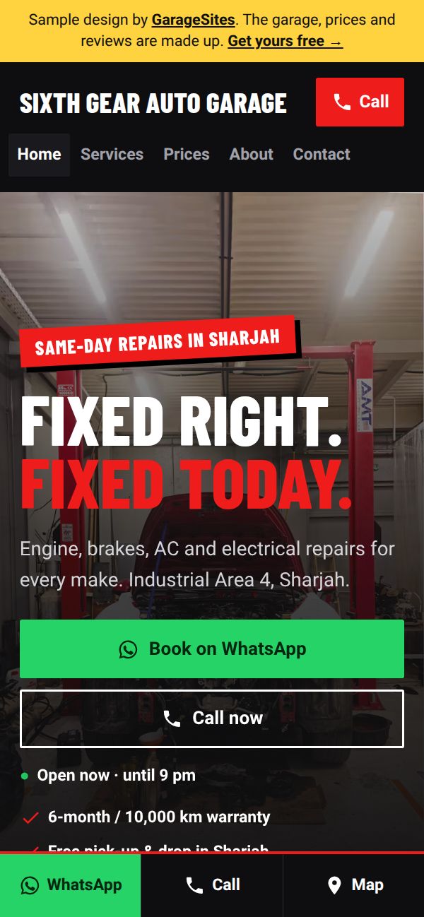 A sample garage website on a phone, with the Google rating, a headline and a WhatsApp button
